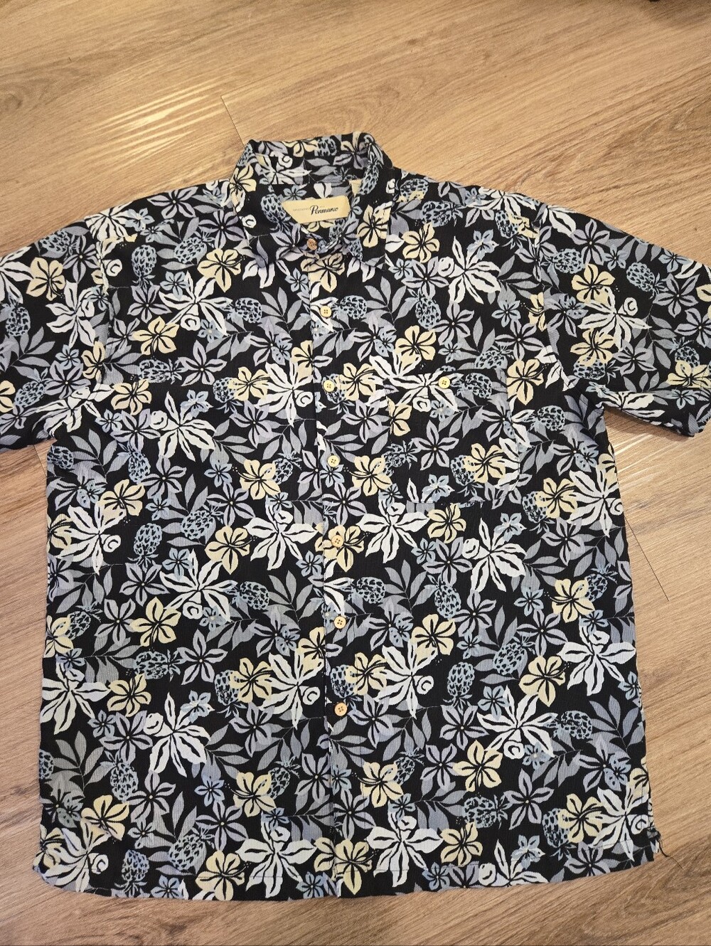 Penmans Hawaiian Short-Sleeve Button Down Shirt - Black with Cream & Light Blue